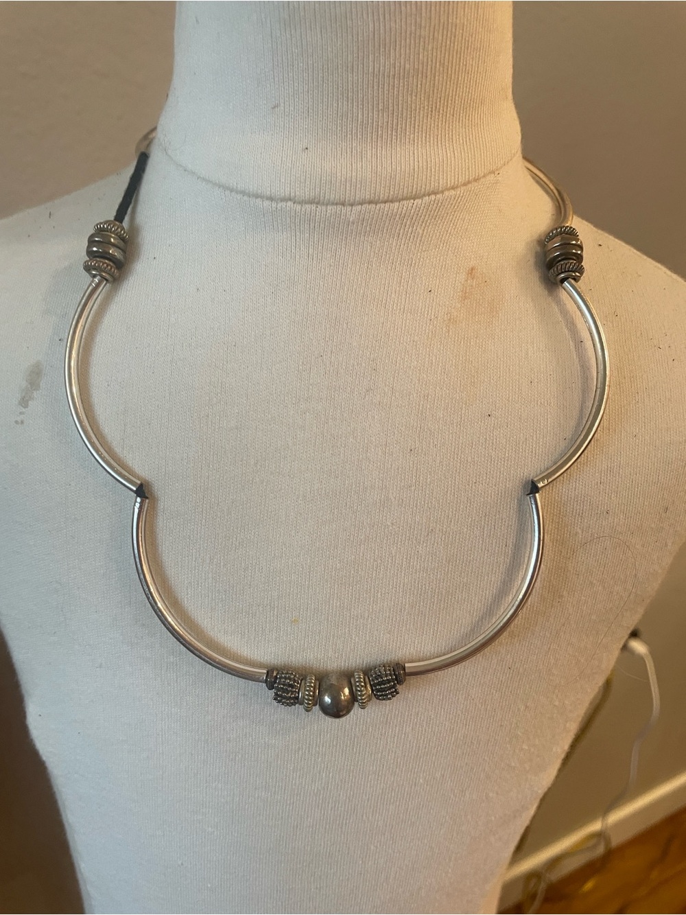 Vintage Lizzy James Necklace Curve Bars Beaded Silver Tone Jewelry Costume